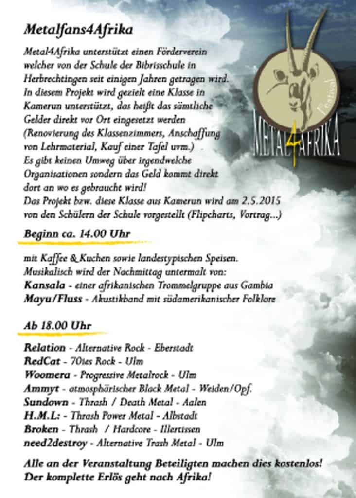Ein Flyer von Metalfans4Afrika beschreibt eine Wohltätigkeitsveranstaltung zugunsten kamerunischer Schulen mit afrikanischer Küche, Live-Bands und Informationen zum Projekt. Die Veranstaltung beginnt um 14 Uhr, Live-Musik gibt es ab 18 Uhr.