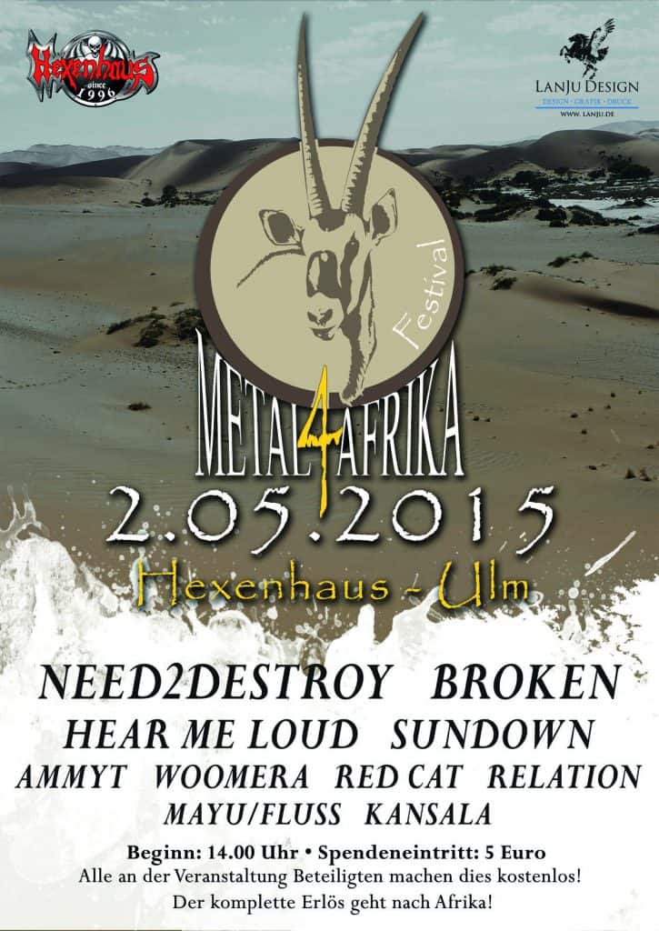 Konzertplakat für das Metal4Afrika Festival am 2. Mai 2015 im Hexenhaus/Ulm. Bandnamen mit Wolfslogo und Wüstenhintergrund. Der Erlös kommt Afrika zugute. Einlass ab 14 Uhr, Spende 5 Euro.
