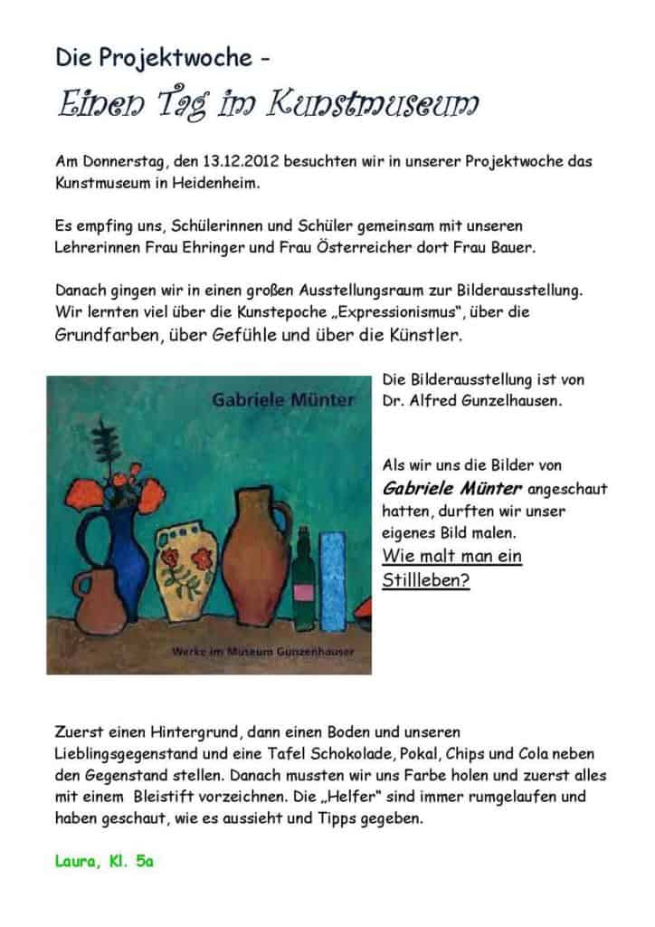 Ein deutsches Arbeitsblatt mit Text und farbenfrohen Illustrationen beschreibt einen Schulprojekttag in einem Kunstmuseum. Die Seite enthält Bilder von Gemälden und Fragen zur Kunst, mit hervorgehobenen Sätzen und handschriftlichen Notizen.