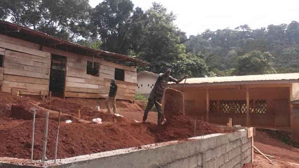 Zwei Personen arbeiten auf einer Baustelle und bewegen rote Erde mit Schaufeln und Schubkarren. Im Hintergrund sind Holz- und Betongebäude zu sehen, umgeben von Bäumen und Grünflächen.