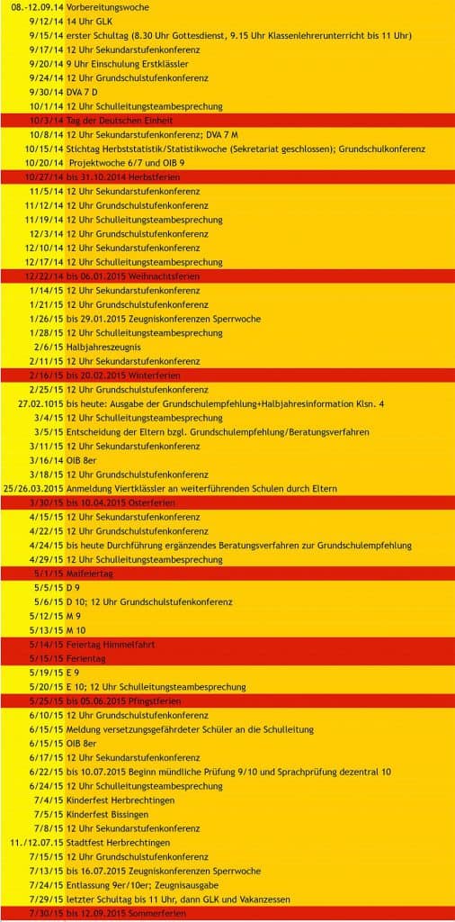 Ein deutscher Schulkalender für Oktober bis Dezember 2014, organisiert im Zeitleistenformat mit farbcodierten Ereignissen, darunter Konferenzen, Ferien und Projektwochen, angezeigt auf gelbem Hintergrund mit roten und orangefarbenen Hervorhebungen.