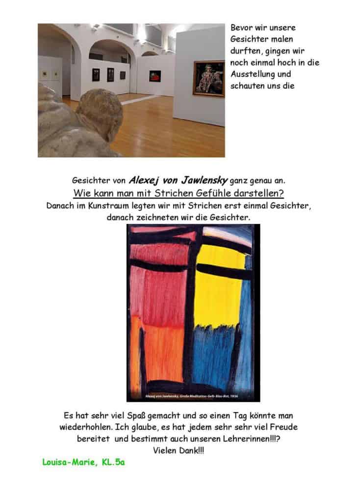 Eine Kunstgalerie mit ausgestellten Gemälden, darunter ein farbenfrohes abstraktes Porträt im unteren Bereich. Der deutsche Text beschreibt einen Klassenbesuch und Schüler, die von Alexej von Jawlensky inspirierte Gesichtszeichnungen anfertigen.