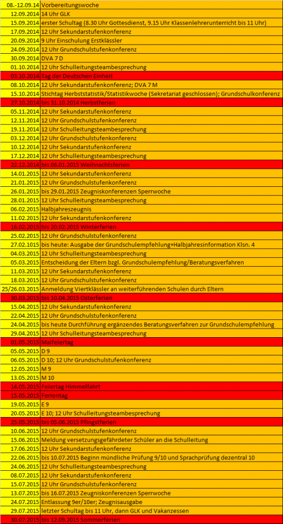 Ein farbcodierter Stundenplan mit wichtigen Daten, Zeiten und Ereignissen wie Klassentreffen, Ferien und Konferenzen von September 2014 bis Februar 2015. Verschiedene Zeilen sind gelb und orange hervorgehoben.