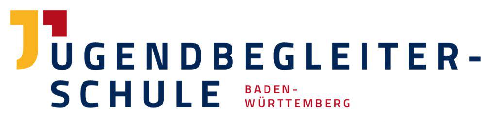 Logo der Jugendbegleiterschule Baden-Württemberg mit fettem blauem Text und rot-gelben grafischen Formen auf der linken Seite. Baden-Württemberg erscheint in kleinerer roter Schrift rechts neben dem Haupttitel.
