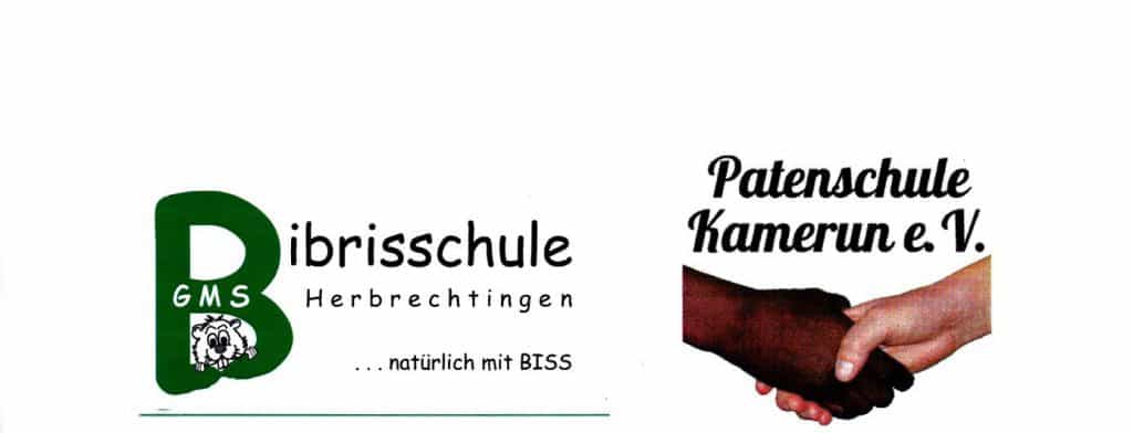 Logo der Bibrisschule Herbrechtingen links und Abbildung zweier Hände – eine hellhäutig, eine dunkelhäutig – die sich schütteln, rechts, über den Händen der Text Patenschule Kamerun e.V.