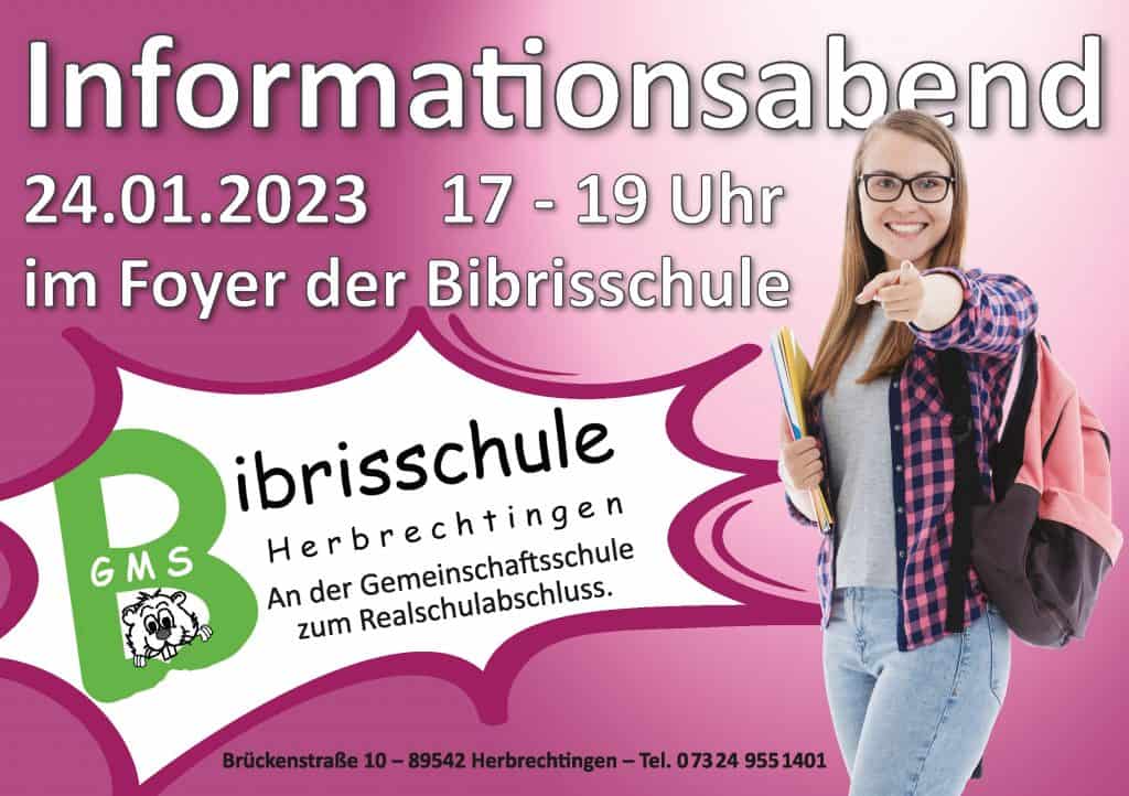 Plakat für einen Informationsabend an der Bibrisschule am 24.01.2023 von 17–19 Uhr. Rechts ist ein lächelndes Mädchen mit Brille, Rucksack und Heften zu sehen. Kontaktdaten der Schule finden Sie unten.