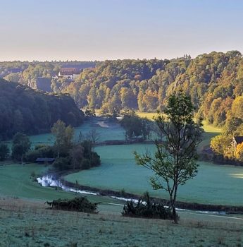 Ein malerisches Tal mit einem sich schlängelnden Fluss, grünen Feldern, verstreuten Bäumen, bewaldeten Hügeln und ein paar Häusern, die in der Morgensonne unter einem klaren blauen Himmel liegen.